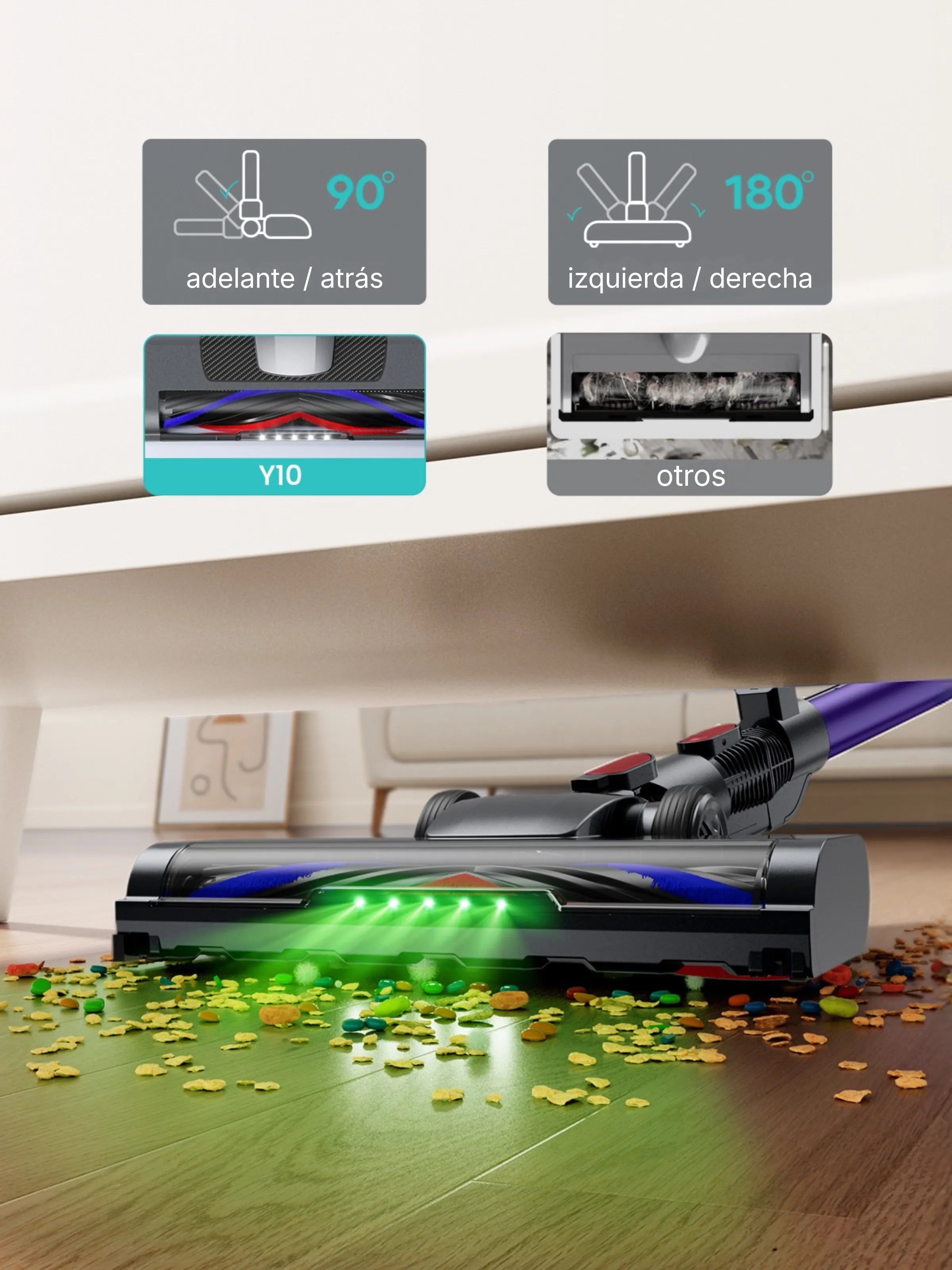 Aspiradora inalámbrica Honiture Y10 con luz LED y cabezal flexible que rota 90° y 180°, llega a rincones estrechos para una limpieza diaria eficiente, además de su rodillo en V antienredos que evita atascos de cabello y pelo de mascotas