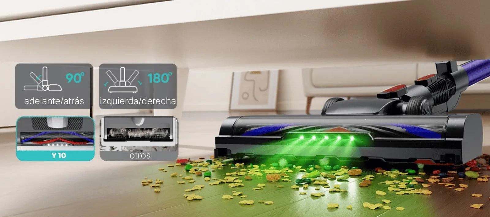 Aspiradora inalámbrica Honiture Y10 con luz LED y cabezal flexible que rota 90° y 180°, llega a rincones estrechos para una limpieza diaria eficiente, además de su rodillo en V antienredos que evita atascos de cabello y pelo de mascotas