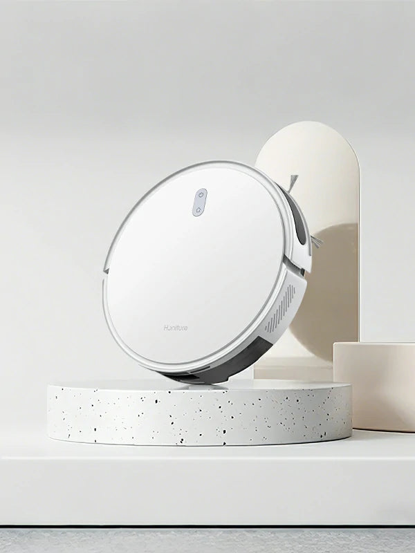 Banner de nuevo lanzamiento del robot aspirador Honiture T10 con navegación LIDAR de alta precisión en un pedestal.