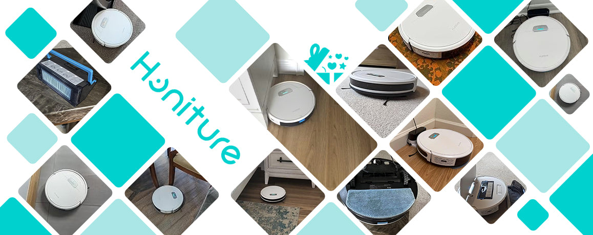 Collage de testimonios de clientes satisfechos con el robot aspirador Honiture G20 en más de 22 países.