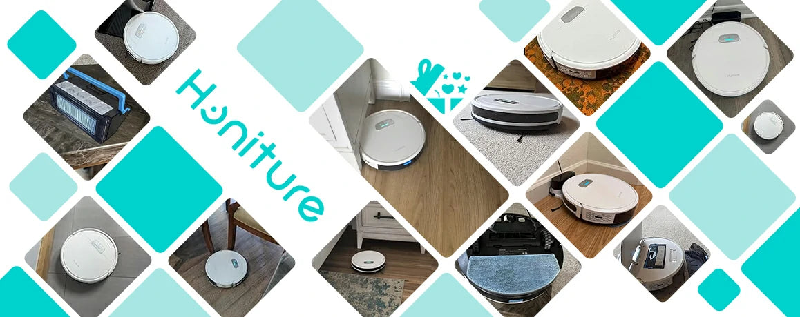 Collage de testimonios de clientes satisfechos con el robot aspirador Honiture G20 en más de 22 países.