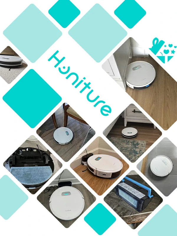 Collage de testimonios de clientes satisfechos con el robot aspirador Honiture G20 en más de 22 países.