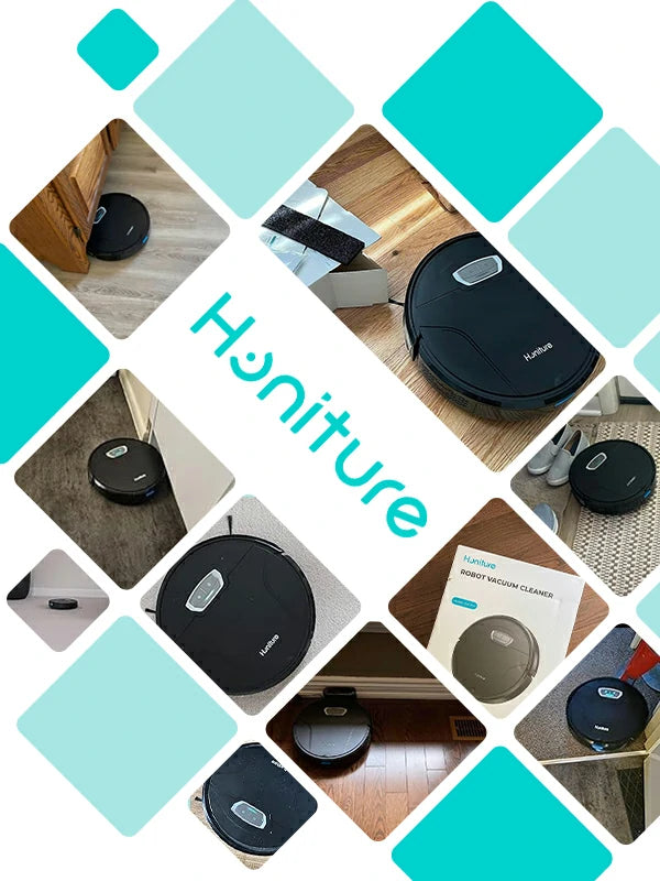 Collage de testimonios de clientes satisfechos con el robot aspirador Honiture G20 Pro en más de 22 países.