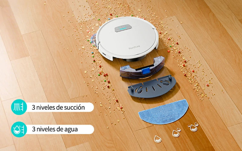 Robot aspirador Honiture G20 en funcionamiento mostrando sus 3 niveles de succión y 3 niveles de flujo de agua ajustables.