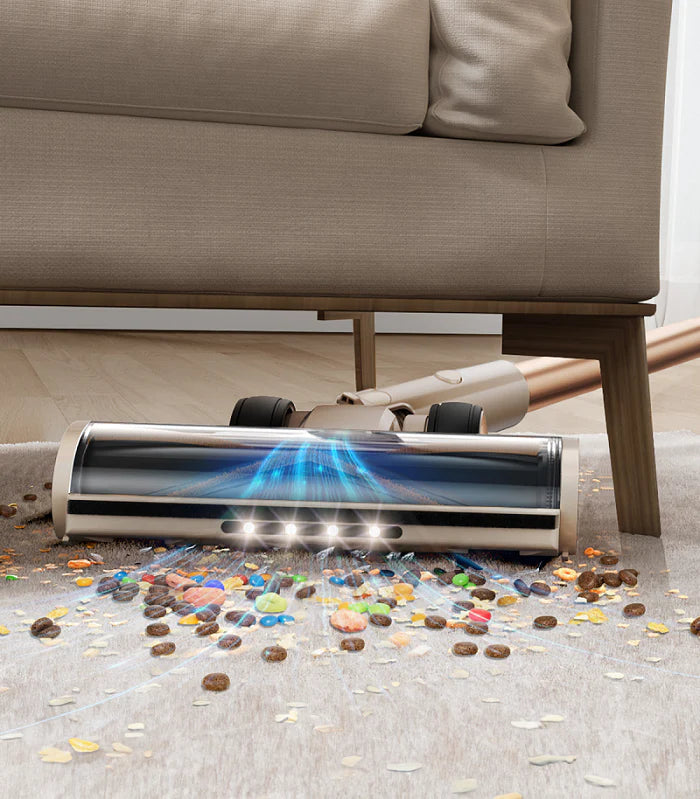 Aspiradora inalámbrica Honiture P7 Pro con LED en el cabezal para mayor visibilidad.