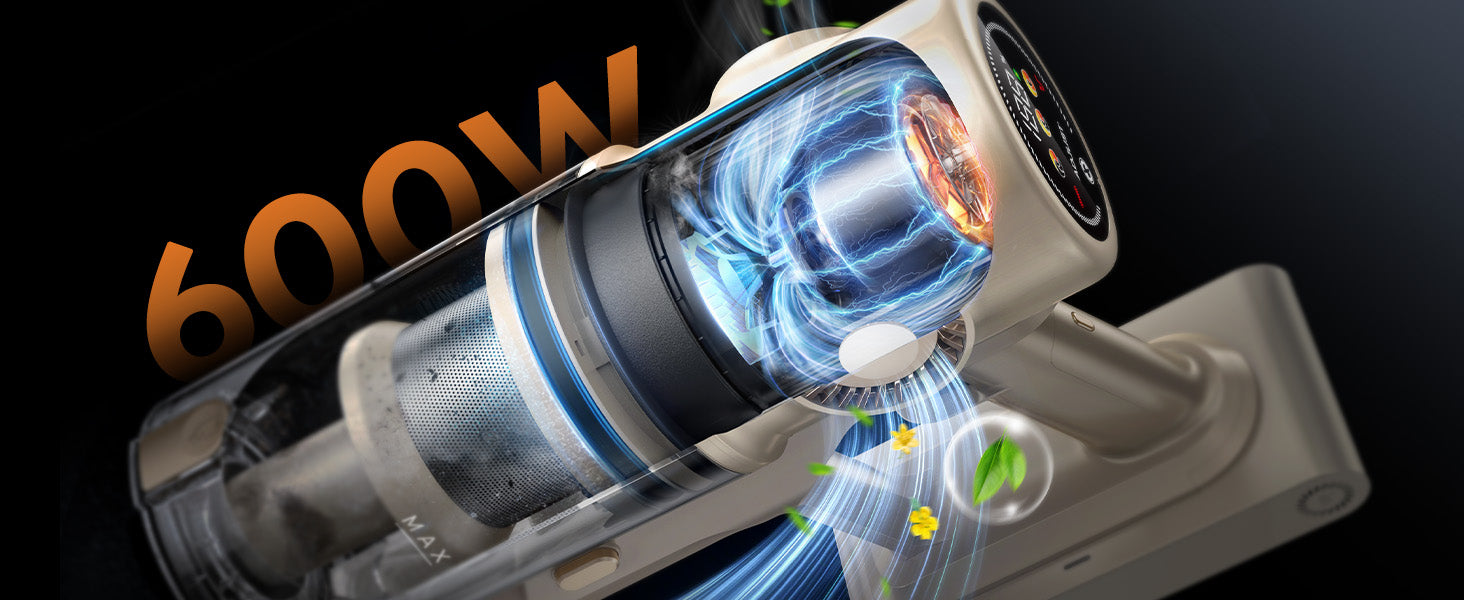 La aspiradora inalámbrica Honiture P7 Pro está equipada con un motor brushless de 600 W para una succión potente y eficiente.