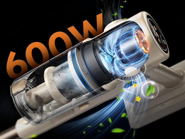 La aspiradora inalámbrica Honiture P7 Pro está equipada con un motor brushless de 600 W para una succión potente y eficiente.