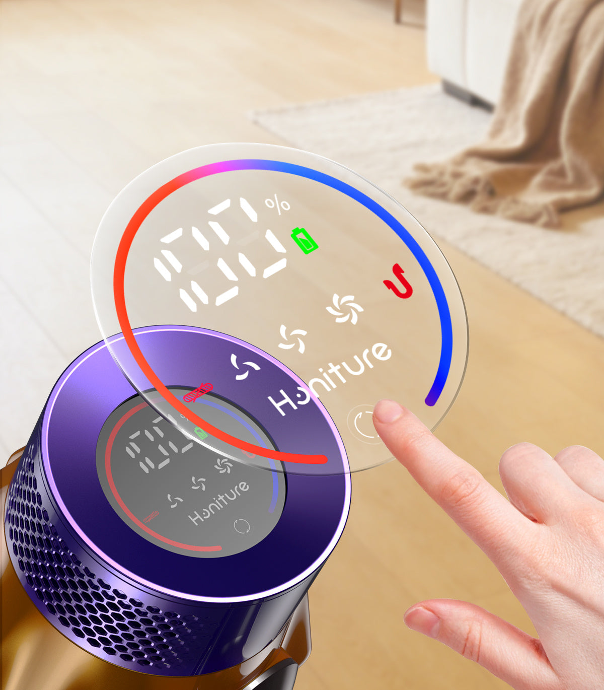La aspiradora sin cable para mascotas Honiture X7 te permite visualizar en todo momento el nivel de batería, el modo de limpieza seleccionado y las alertas de mantenimiento gracias a su pantalla LED.