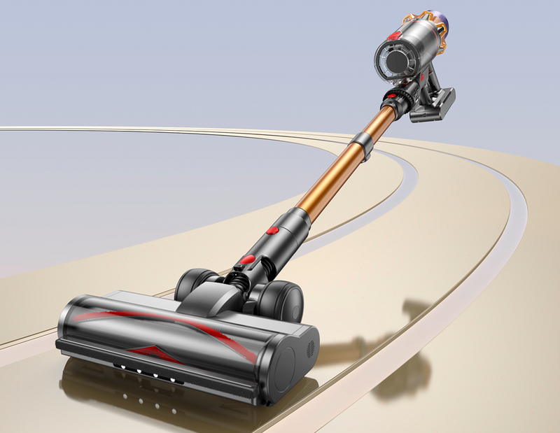 Aspiradora sin cable Honiture X7 en color amarillo y morado, presentada sobre un elegante soporte dorado.