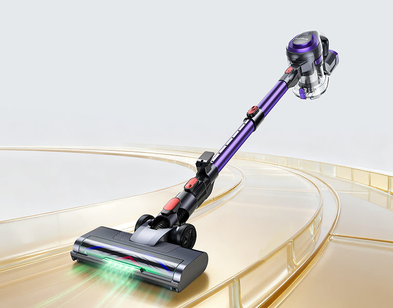 Aspiradora sin cable Honiture Y10 en color morado, exhibida en un soporte dorado inclinado para mejor vista.