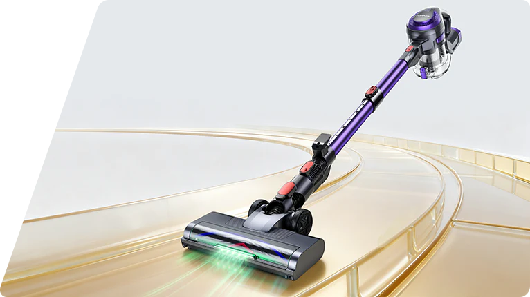 Aspiradora sin cable Honiture Y10 en color morado, exhibida en un soporte dorado inclinado para mejor vista.