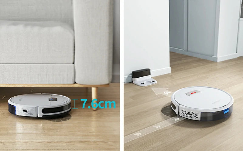 Robot aspirador Honiture G20 (7.6 cm de alto) limpiando bajo un sofá y regresando automáticamente a la base para recargarse.