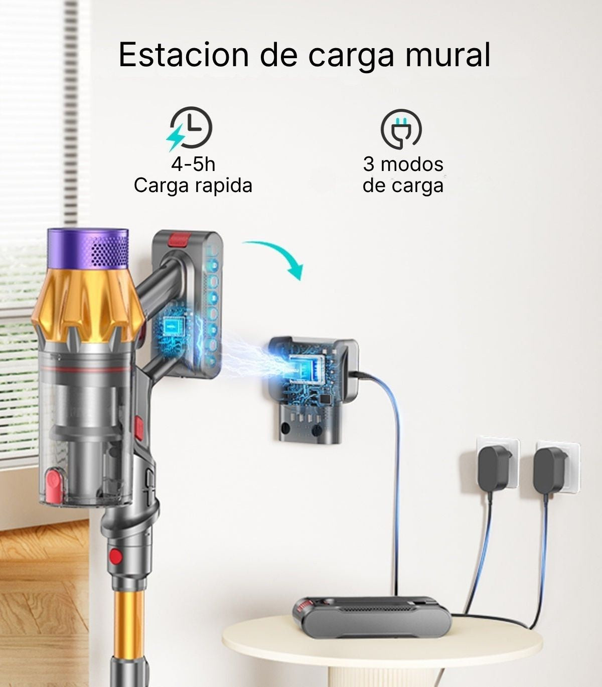 La aspiradora sin cable para mascotas Honiture X7 se carga mientras está guardada en la pared, asegurando que siempre esté lista para usar.
