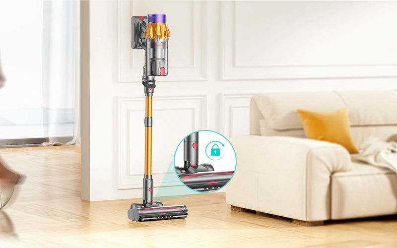 Aspiradora Honiture X7 autoestable con icono de bloqueo en la base para mayor estabilidad.