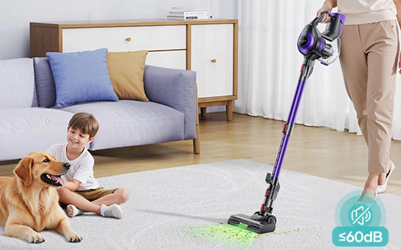 Aspiradora Honiture Y10 operando por debajo de 60 dB, permitiendo limpiar sin molestar a niños o mascotas.