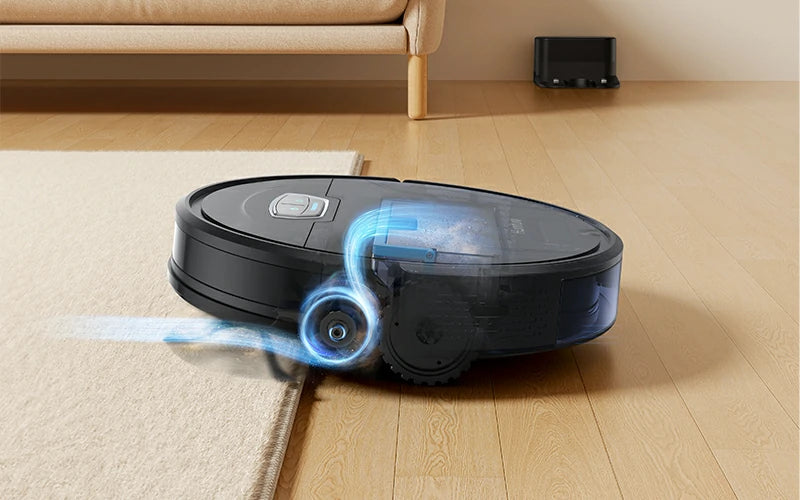 Robot aspirador Honiture G20 Pro detectando una alfombra y aumentando la succión al máximo para una limpieza profunda.