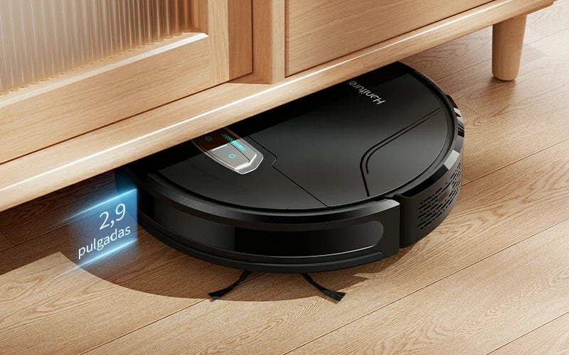 Robot aspirador Honiture G20 Pro de diseño compacto (2.9 pulgadas) limpiando debajo de muebles y en rincones estrechos.