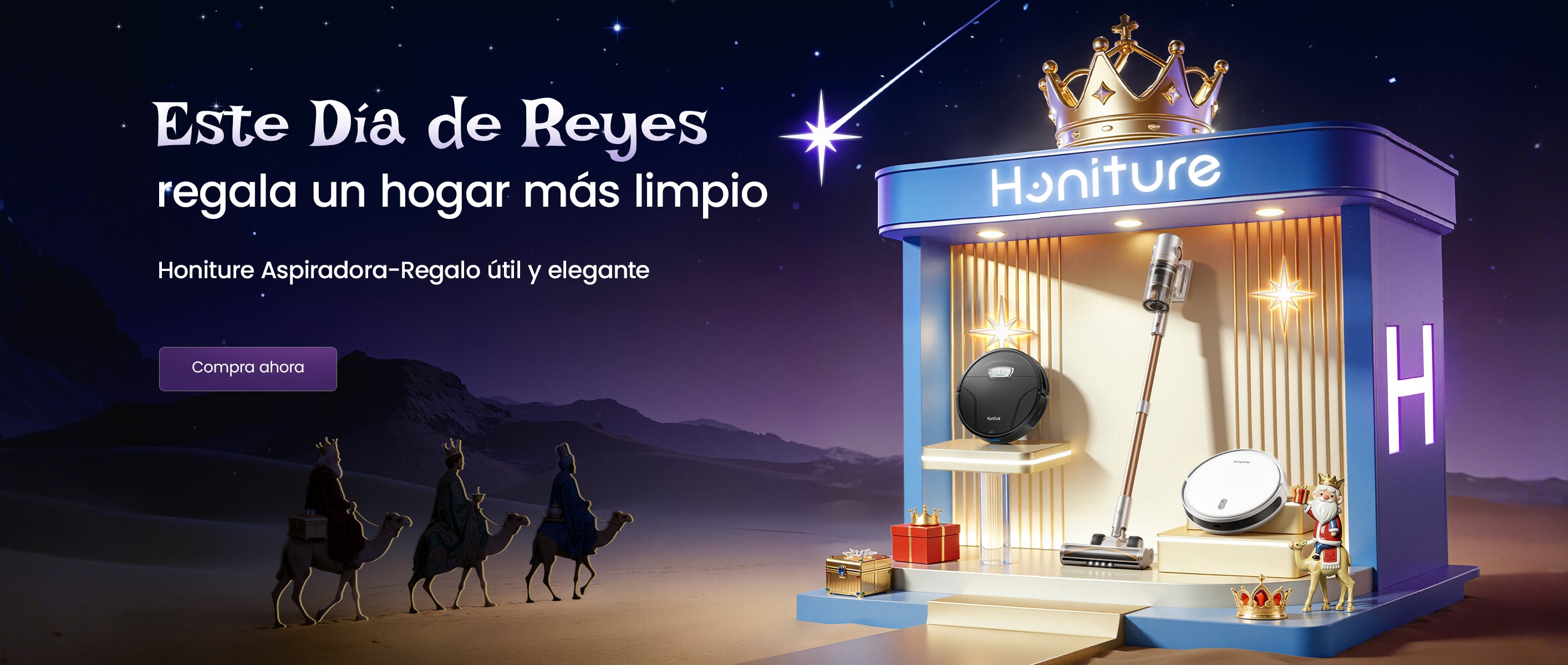 Banner de promoción del Día de Reyes 2026 de Honiture con aspiradoras y robots de limpieza.-pc