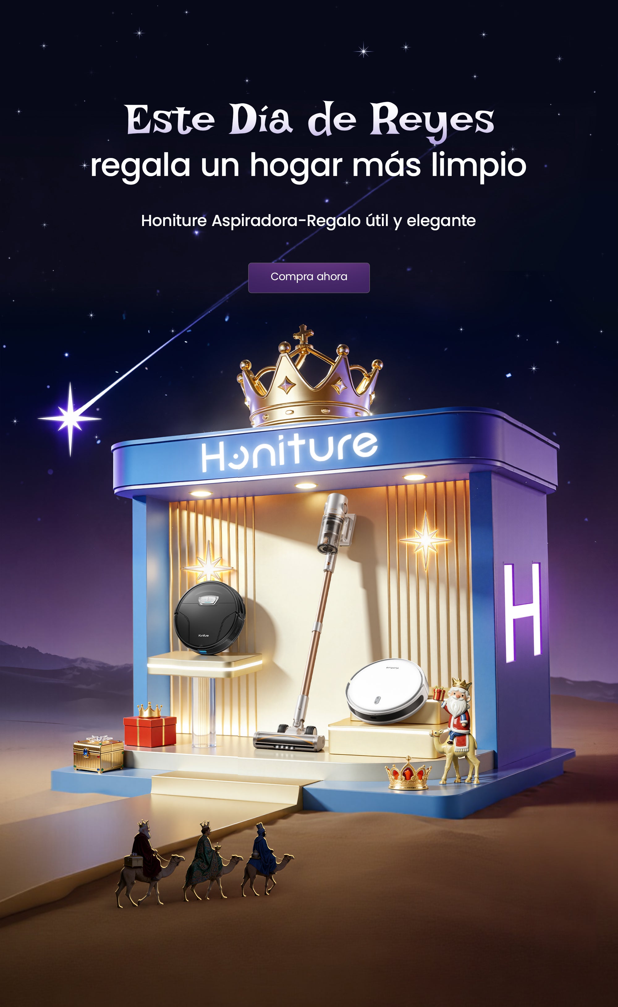 Banner de promoción del Día de Reyes 2026 de Honiture con aspiradoras y robots de limpieza.