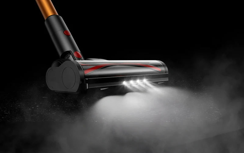 Luz LED frontal de la aspiradora Honiture X7 iluminando suciedad oculta bajo los muebles.