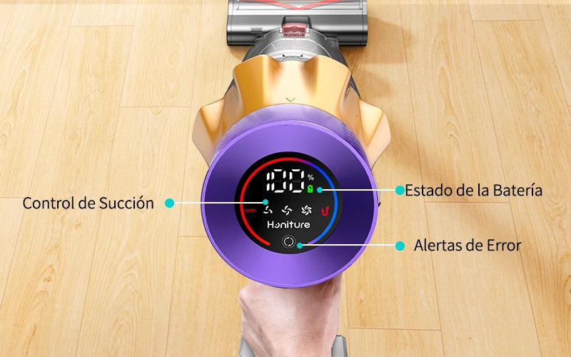 Pantalla LED de la aspiradora Honiture X7 mostrando nivel de batería, modo de limpieza y alertas.