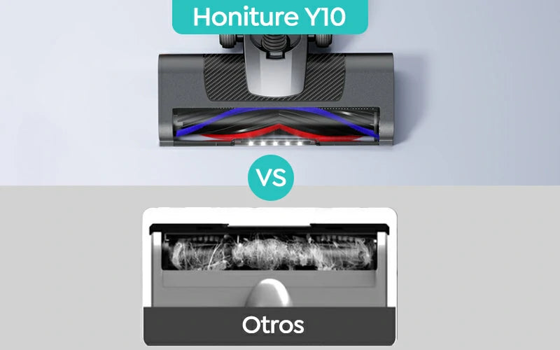 Rodillo en V antienredo de la aspiradora Honiture Y10 evitando atascos de cabello y pelo de mascotas.