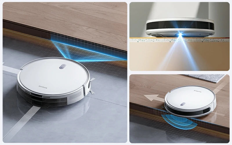 Robot aspirador Honiture T10 con sensores infrarrojos que detectan umbrales y escaleras, evitando caídas y choques con muebles.