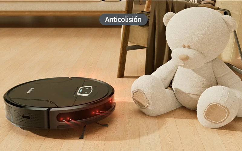 Robot aspirador Honiture G20 Pro utilizando sensores infrarrojos para detectar y evitar un obstáculo como un juguete de peluche.