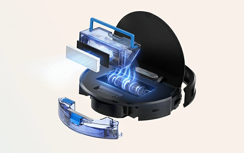 Sistema de filtración de tres capas del robot aspirador Honiture G20 Pro, capturando polvo y partículas finas.