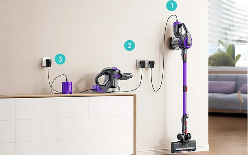 Soporte de pared 2 en 1 para cargar y guardar la aspiradora Honiture Y10 sin ocupar espacio.