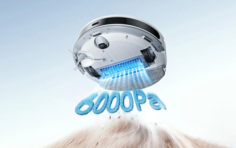 Robot aspirador Honiture T10 en suspensión demostrando sus 6000 Pa de succión para una limpieza profunda en todo tipo de suelos.