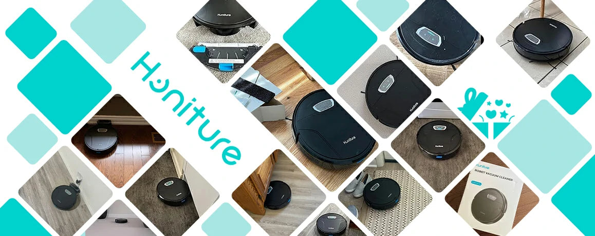 Collage de testimonios de clientes satisfechos con el robot aspirador Honiture G20 Pro en más de 22 países.