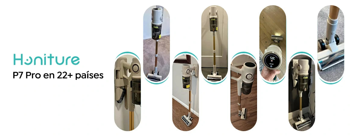 Collage de testimonios de clientes de la aspiradora Honiture P7 Pro desde más de 22 países.