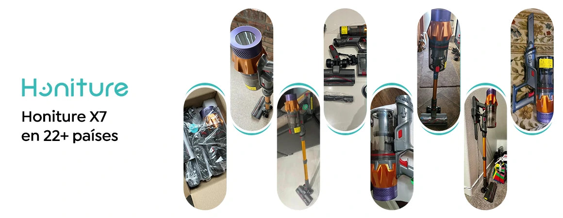 Collage de testimonios de clientes satisfechos con la aspiradora Honiture X7 en más de 22 países.