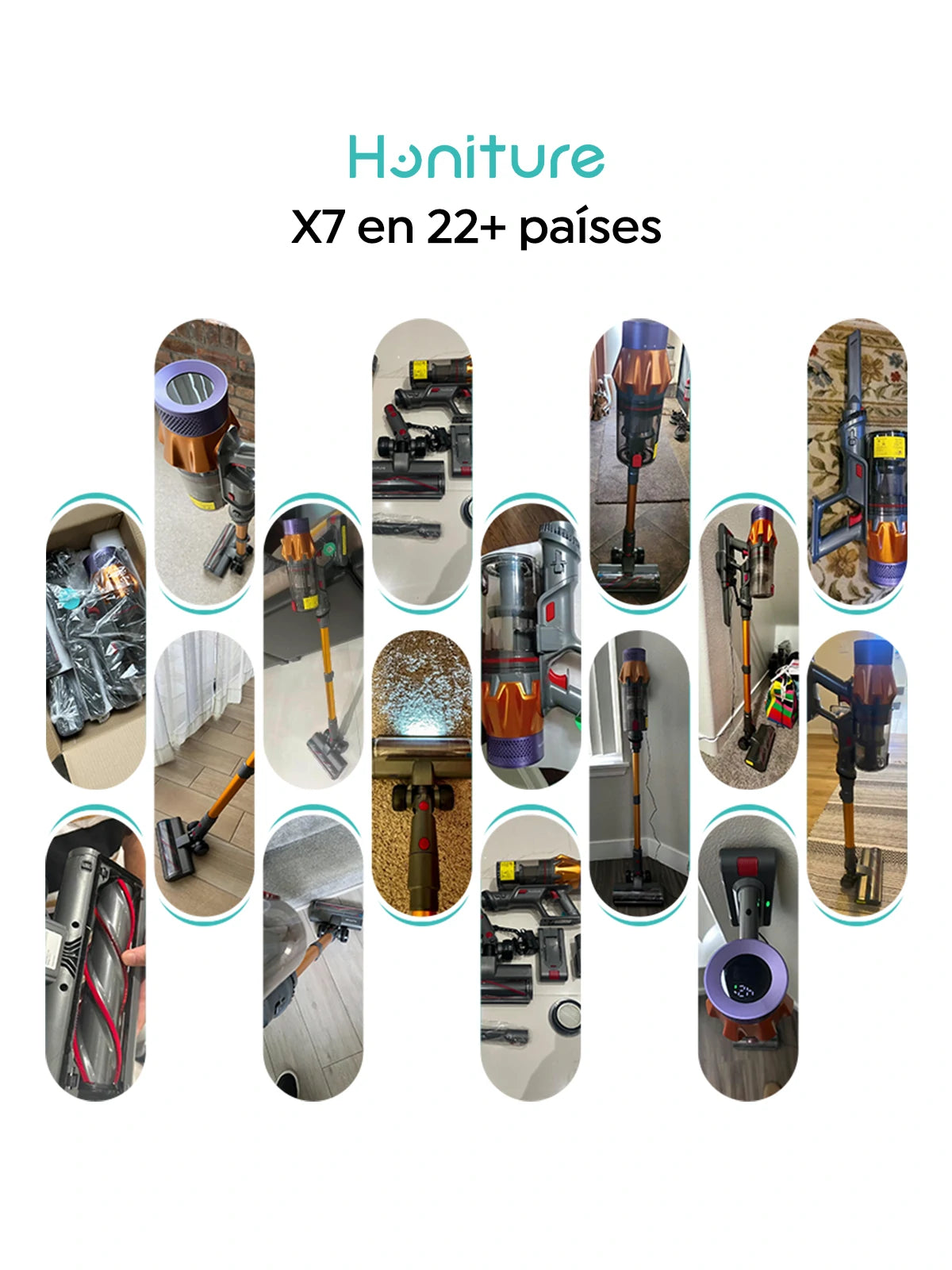Collage de testimonios de clientes satisfechos con la aspiradora Honiture X7 en más de 22 países.